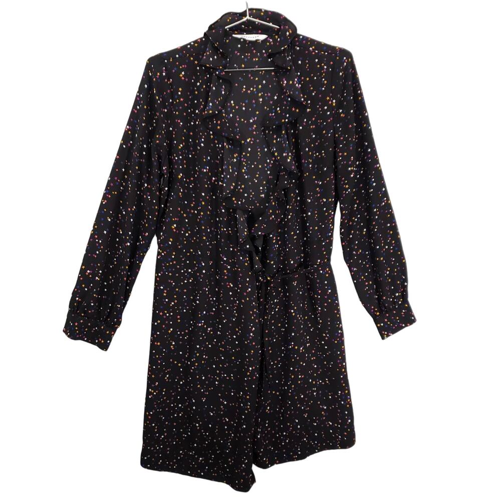 Popsugar Wrap Dress Womens Medium Black Multicolor Stars Ruffle Neck Lined Mini